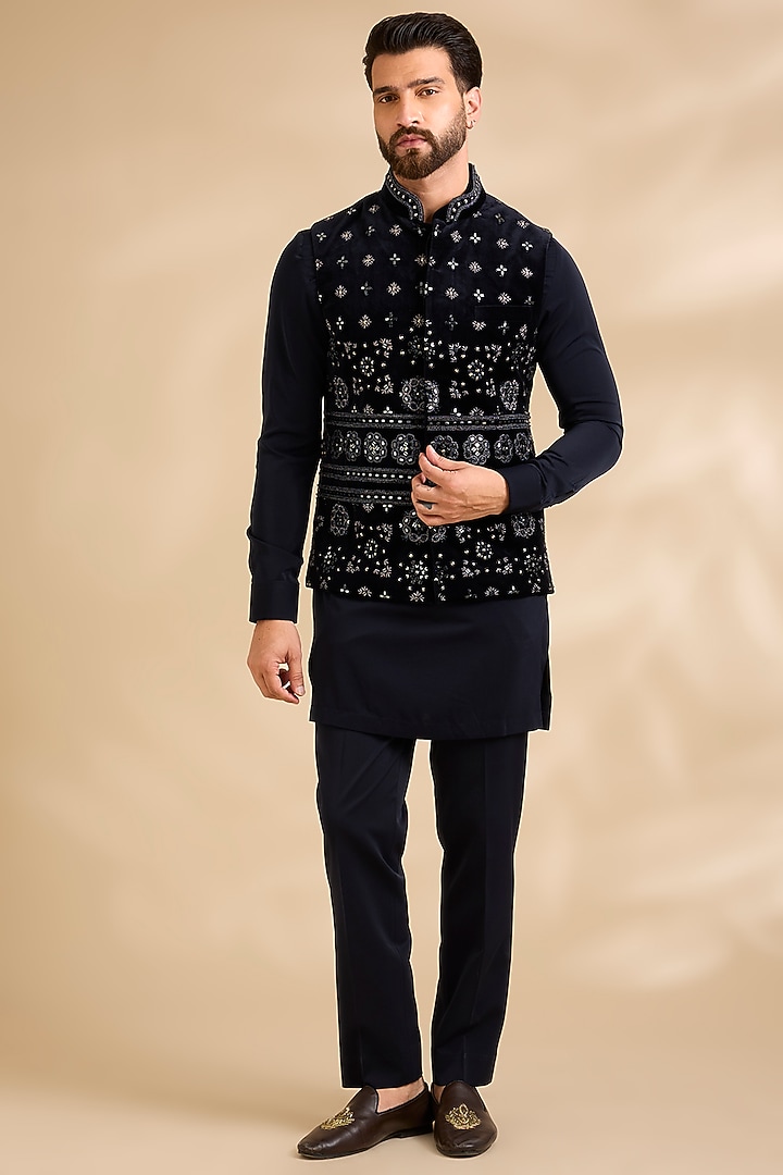 Navy Blue Velvet Bundi Jacket Set by Abkasa at Pernia's Pop Up Shop