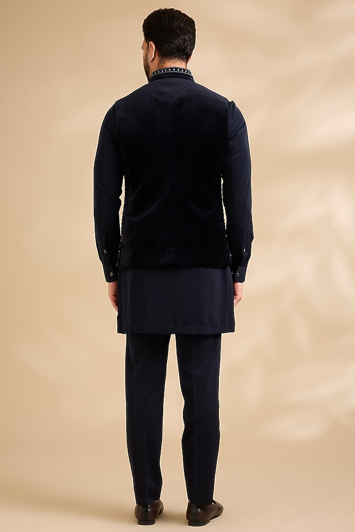 Navy Blue Velvet Bundi Jacket Set by Abkasa at Pernia's Pop Up Shop