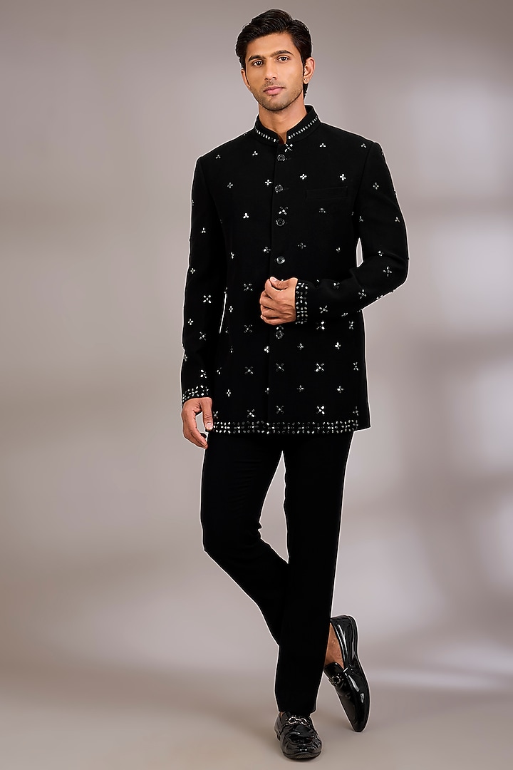 Black Silk Wedding Bandhgala Set by Abkasa at Pernia's Pop Up Shop