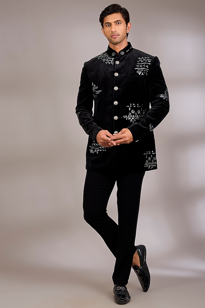 Black Velvet Wedding Bandhgala Set by Abkasa at Pernia's Pop Up Shop