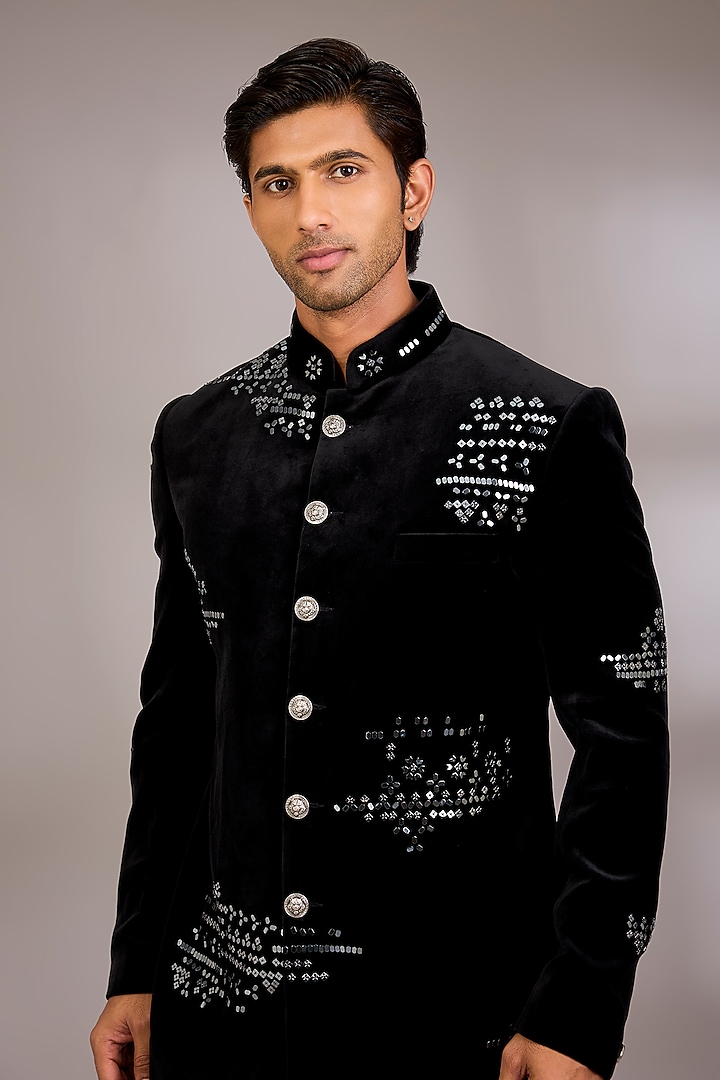 Black Velvet Wedding Bandhgala Set by Abkasa at Pernia's Pop Up Shop