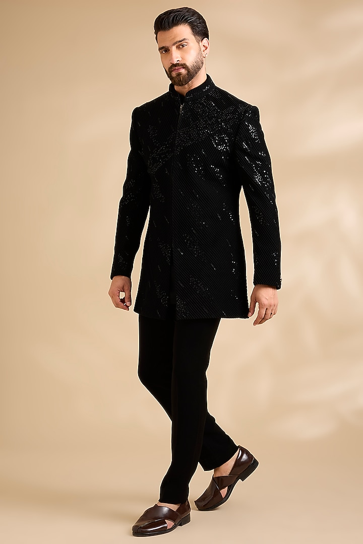 Black Suiting Wedding Indowestern Set by Abkasa at Pernia's Pop Up Shop