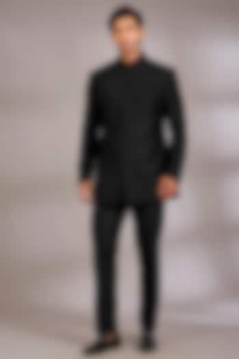 Black Silk Groom Indowestern Set by Abkasa at Pernia's Pop Up Shop