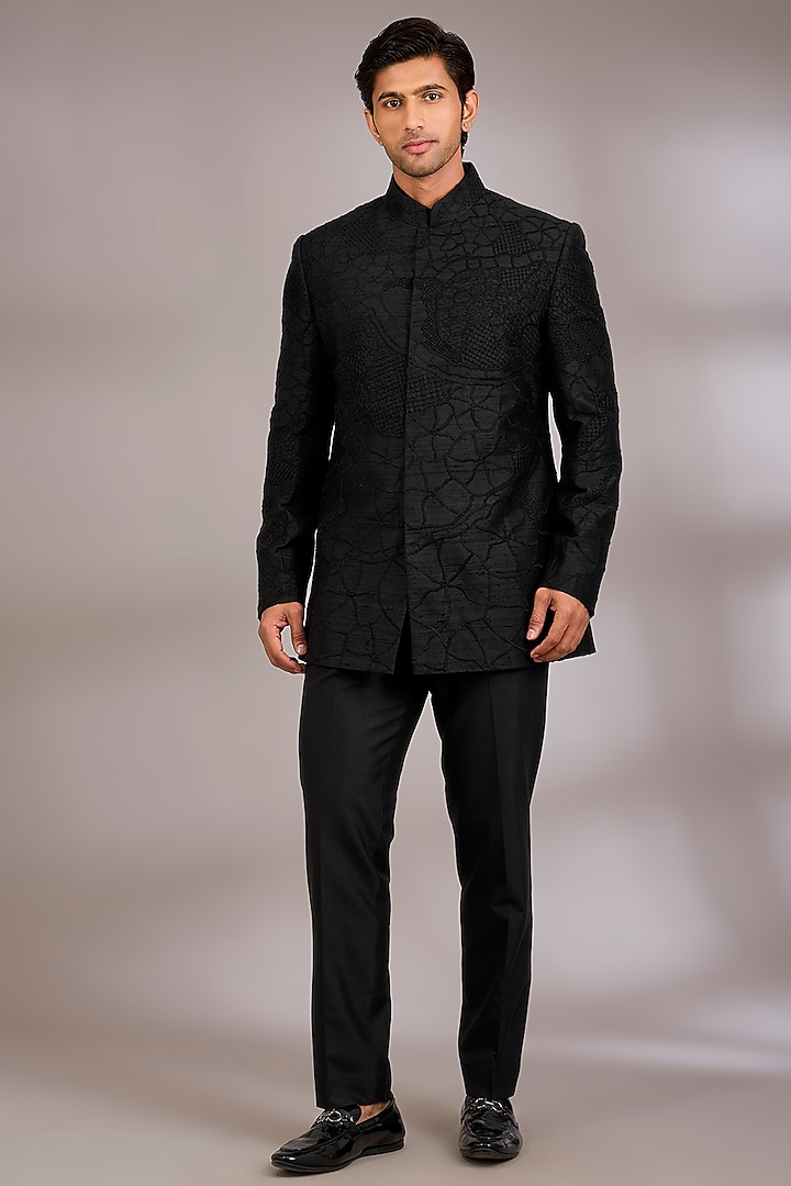 Black Silk Groom Indowestern Set by Abkasa at Pernia's Pop Up Shop