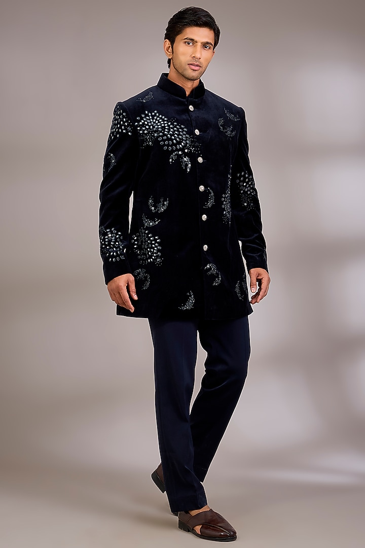 Navy Blue Velvet Wedding Indowestern Set by Abkasa at Pernia's Pop Up Shop