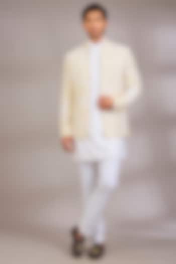 Ivory Cotton Blend Groom Indowestern Set by Abkasa at Pernia's Pop Up Shop