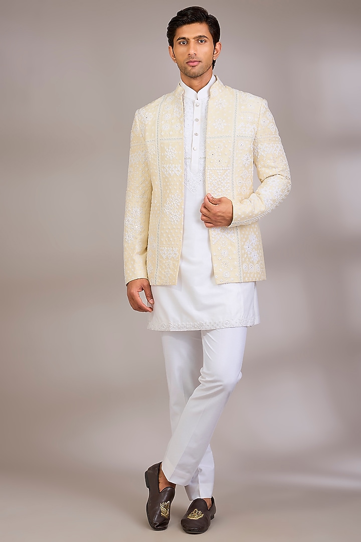 Ivory Cotton Blend Groom Indowestern Set by Abkasa at Pernia's Pop Up Shop