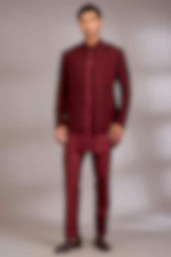 Maroon Silk Groom Indowestern Set by Abkasa at Pernia's Pop Up Shop