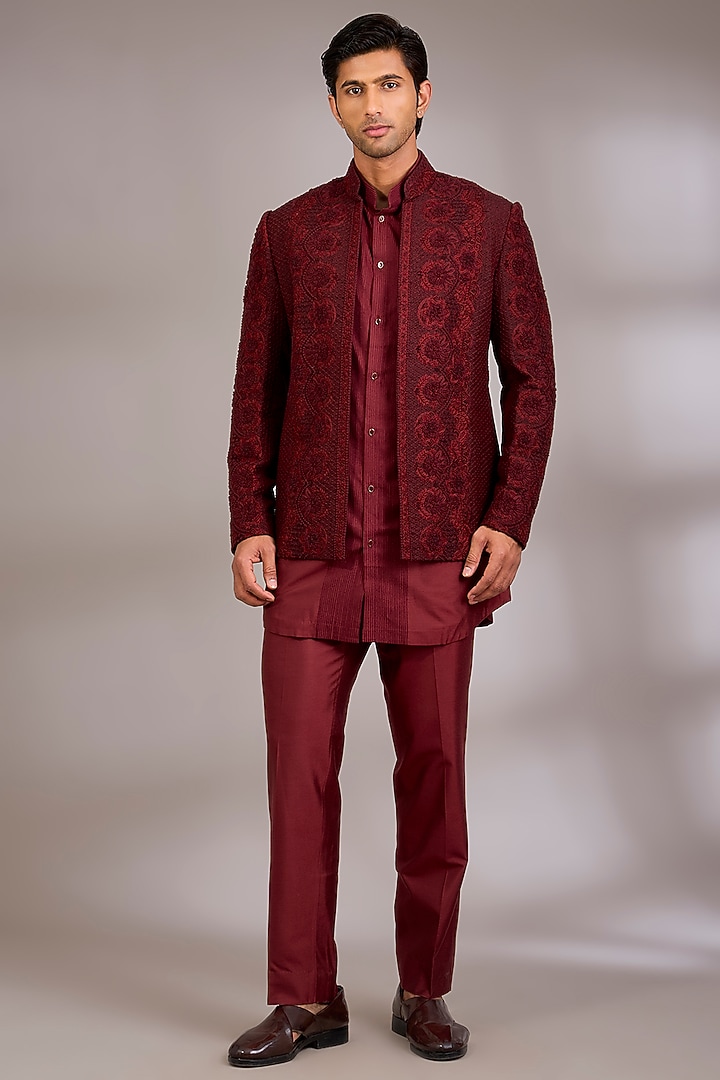 Maroon Silk Groom Indowestern Set by Abkasa at Pernia's Pop Up Shop