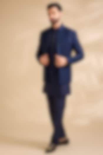 Navy Blue Silk Groom Indowestern Set by Abkasa at Pernia's Pop Up Shop