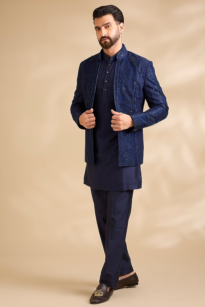 Navy Blue Silk Groom Indowestern Set by Abkasa at Pernia's Pop Up Shop