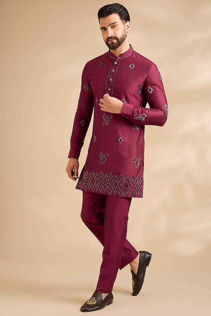 Maroon Silk Kurta Set by Abkasa at Pernia's Pop Up Shop