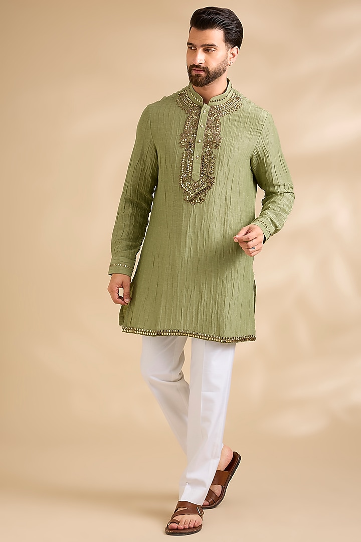 Green Silk Kurta Set by Abkasa at Pernia's Pop Up Shop