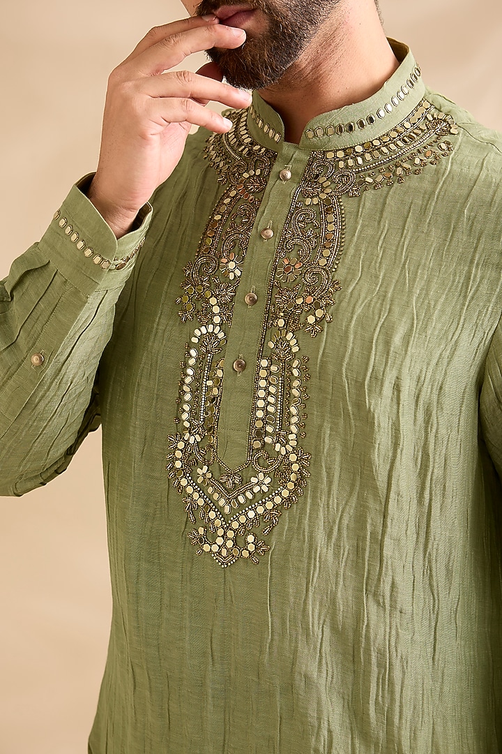 Green Silk Kurta Set by Abkasa at Pernia's Pop Up Shop