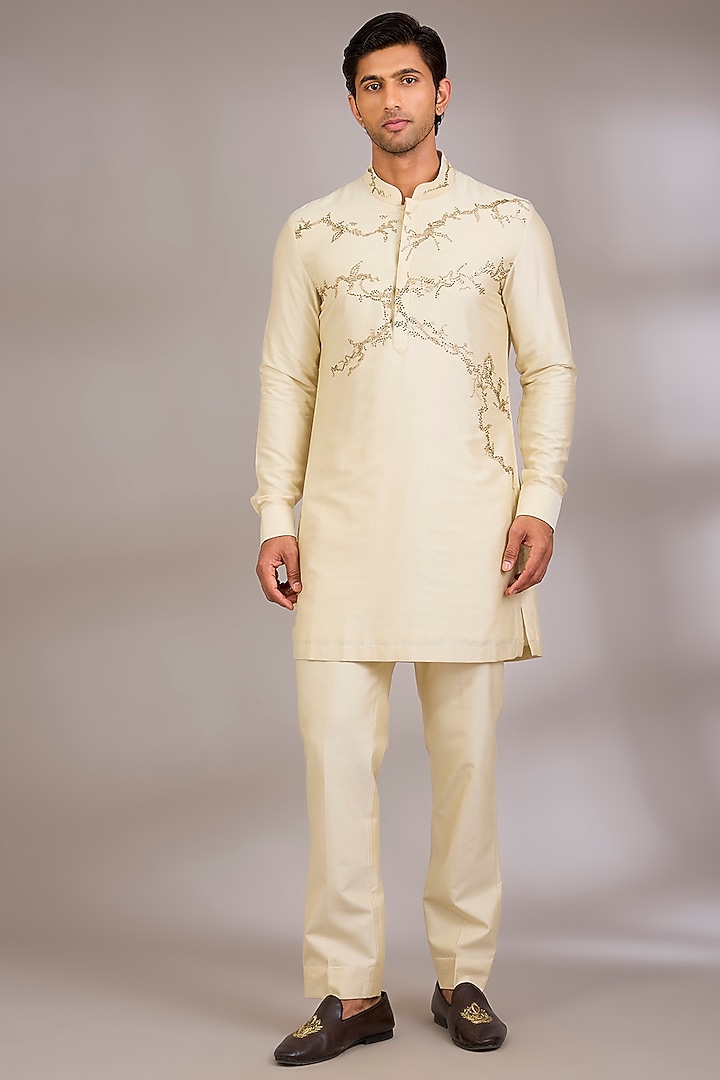 Beige Silk Kurta Set by Abkasa at Pernia's Pop Up Shop
