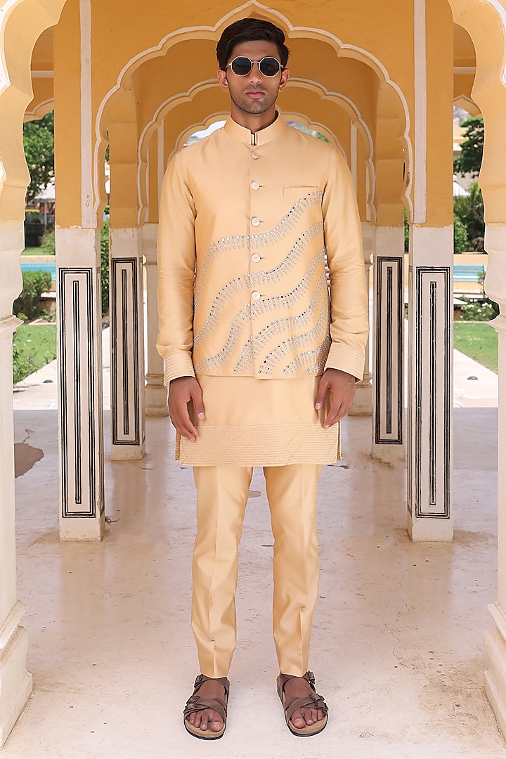 Orange Katan Silk Nehru Jacket Set by Abkasa at Pernia's Pop Up Shop