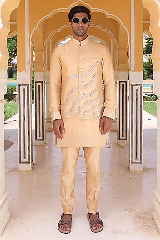 Orange Katan Silk Nehru Jacket Set by Abkasa