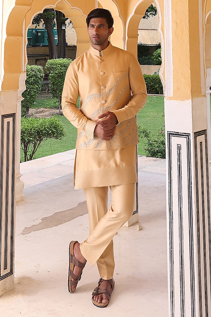 Orange Katan Silk Nehru Jacket Set by Abkasa at Pernia's Pop Up Shop
