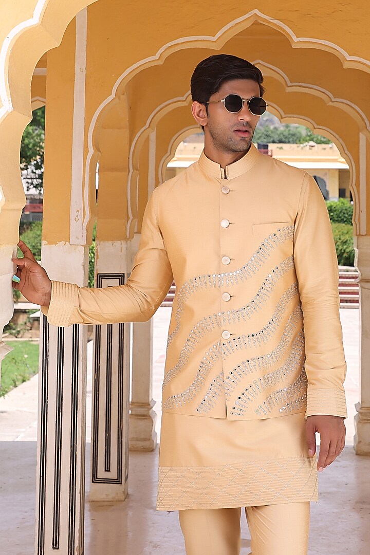 Orange Katan Silk Nehru Jacket Set by Abkasa at Pernia's Pop Up Shop