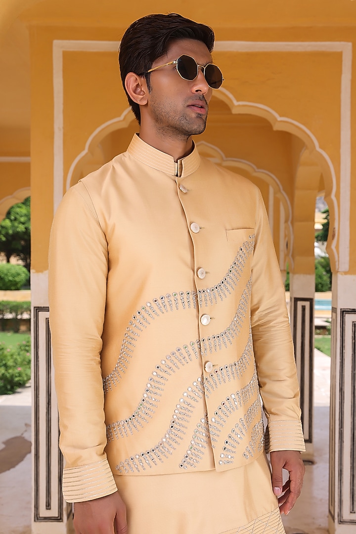 Orange Katan Silk Nehru Jacket Set by Abkasa at Pernia's Pop Up Shop