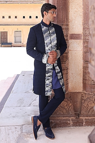 Navy BLue Japanese Fabric & Modal Satin Indowestern Set by Abkasa
