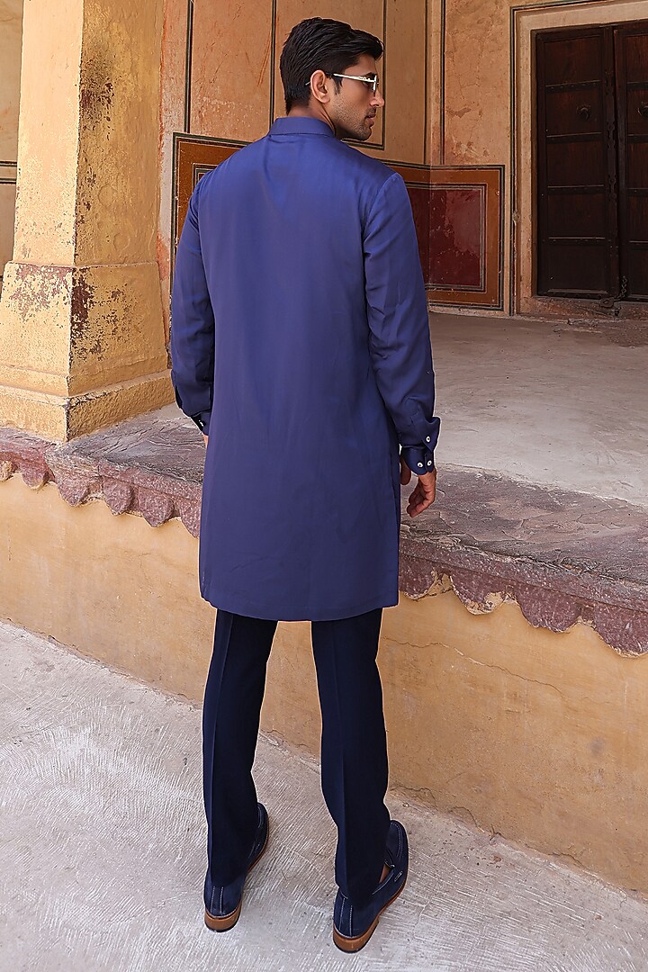 Navy BLue Japanese Fabric & Modal Satin Groom Indowestern Set by Abkasa at Pernia's Pop Up Shop