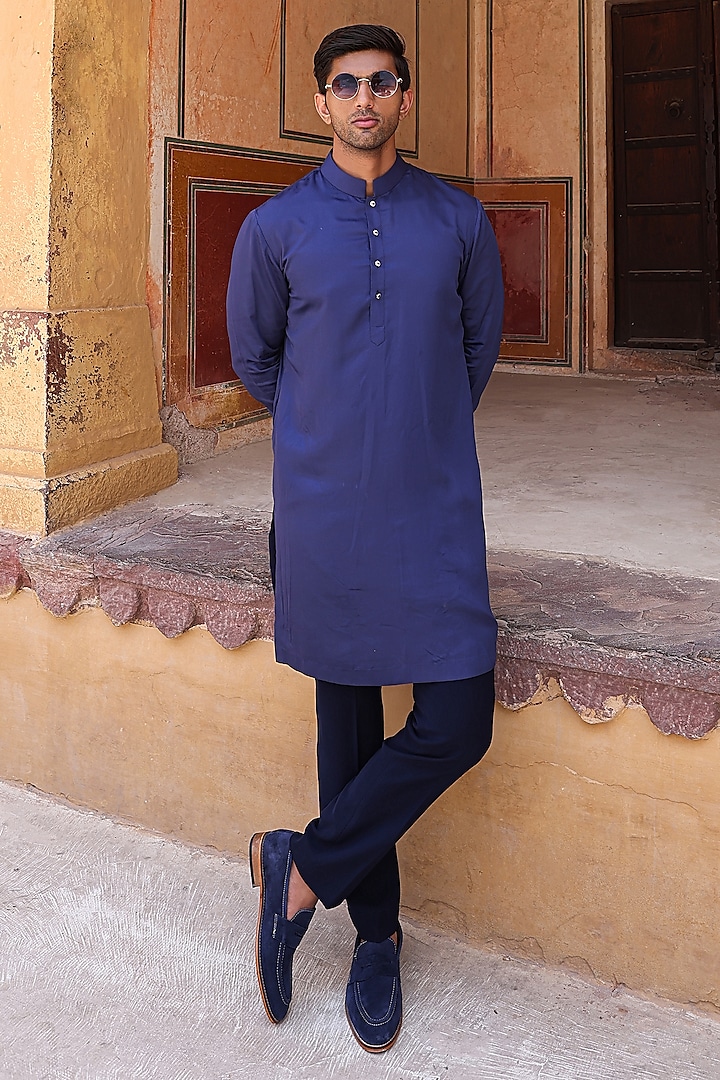 Navy BLue Japanese Fabric & Modal Satin Groom Indowestern Set by Abkasa at Pernia's Pop Up Shop
