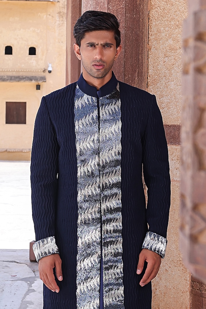 Navy BLue Japanese Fabric & Modal Satin Groom Indowestern Set by Abkasa at Pernia's Pop Up Shop