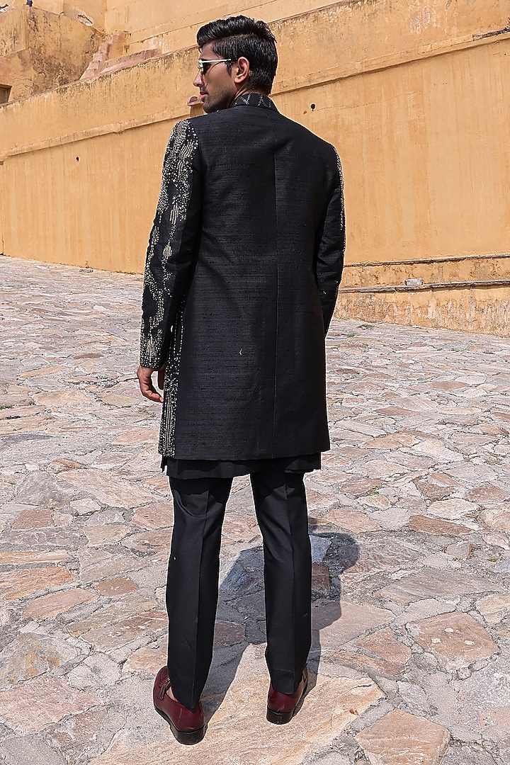 Black Pure Silk & Katan Silk Groom Indowestern Set by Abkasa at Pernia's Pop Up Shop