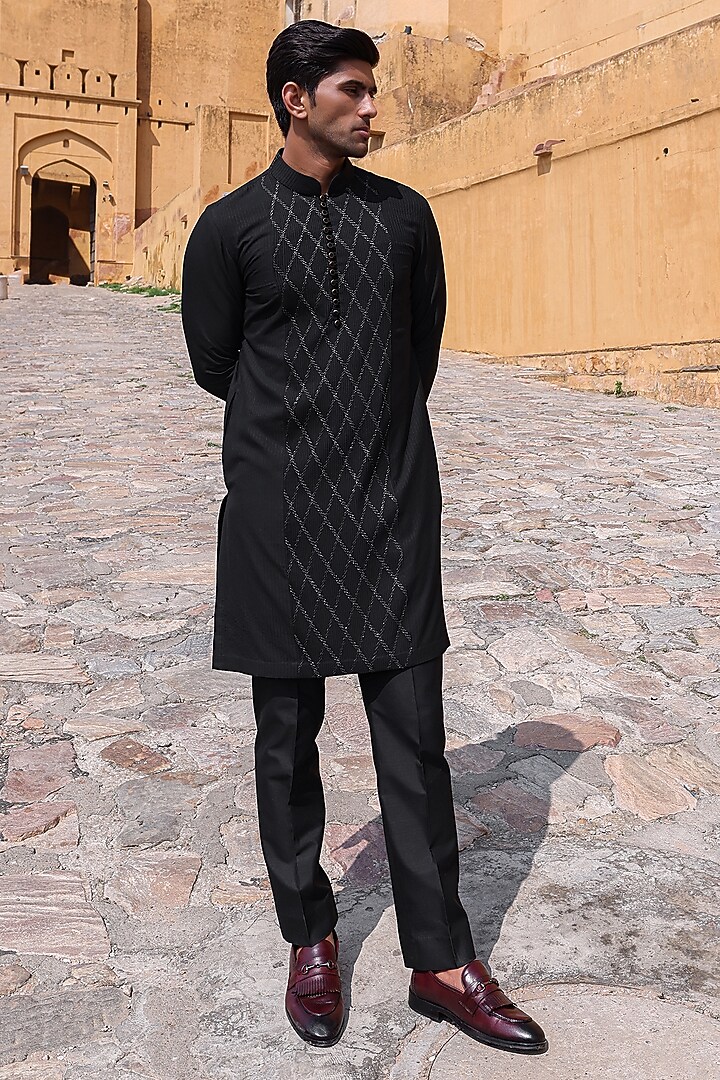 Black Pure Silk & Katan Silk Groom Indowestern Set by Abkasa at Pernia's Pop Up Shop