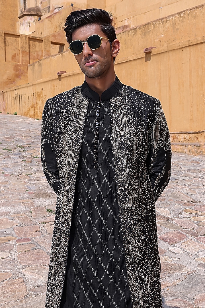 Black Pure Silk & Katan Silk Groom Indowestern Set by Abkasa at Pernia's Pop Up Shop