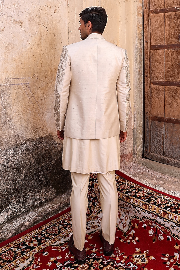 Beige Pure Silk & Katan Silk Groom Indowestern Set by Abkasa at Pernia's Pop Up Shop