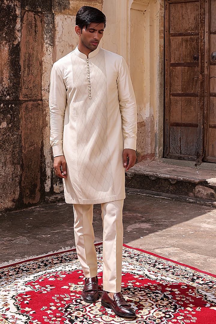 Beige Pure Silk & Katan Silk Groom Indowestern Set by Abkasa at Pernia's Pop Up Shop