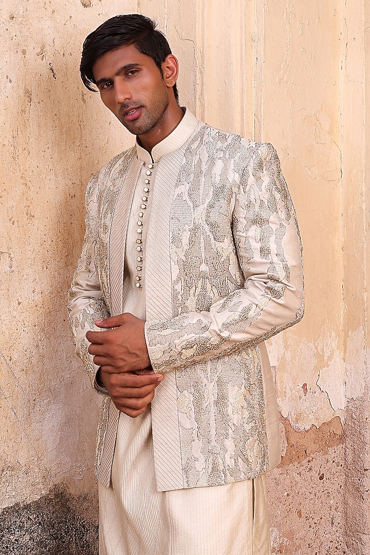 Beige Pure Silk & Katan Silk Groom Indowestern Set by Abkasa at Pernia's Pop Up Shop