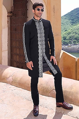 Black Silk Indowestern Jacket Set by Abkasa