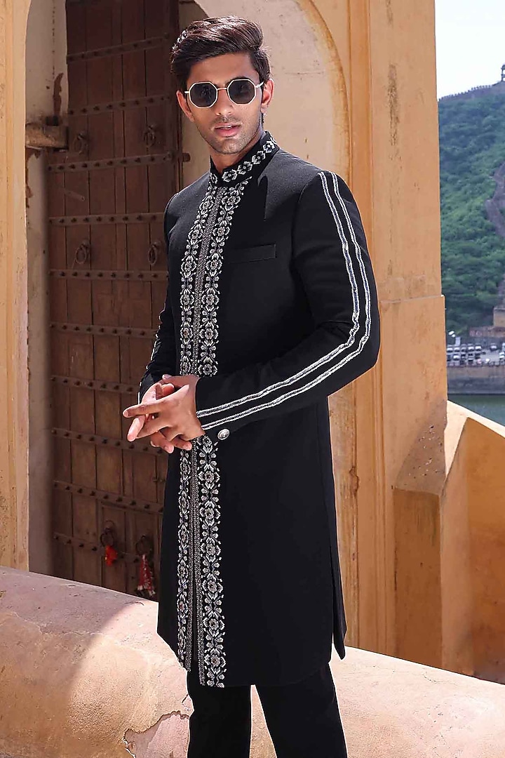 Black Silk Wedding Indowestern Jacket Set by Abkasa at Pernia's Pop Up Shop