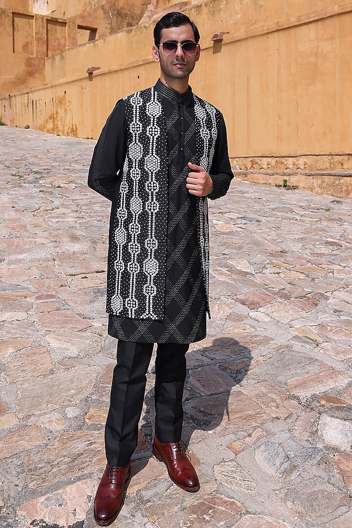 Black Pure Silk & Katan Silk Nehru Jacket Set by Abkasa at Pernia's Pop Up Shop