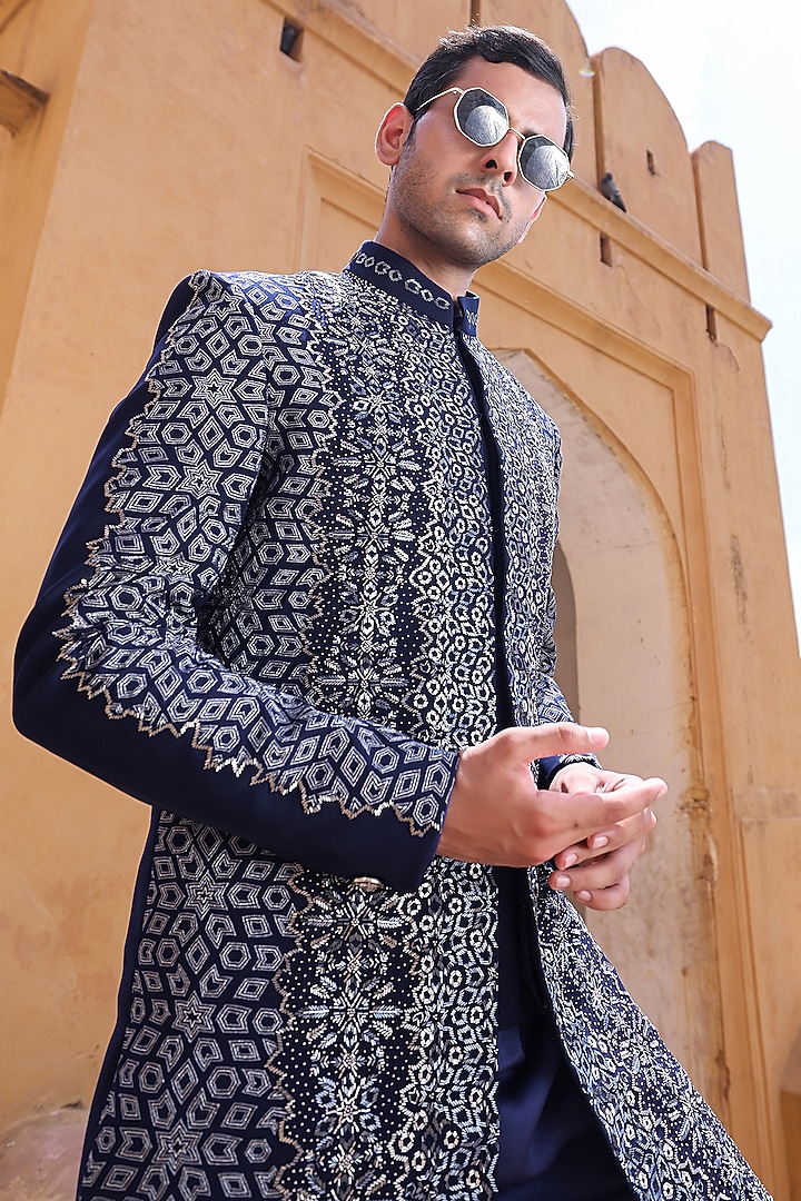 Navy Blue Japanese Fabric & Modal Satin Groom Indowestern Set by Abkasa at Pernia's Pop Up Shop