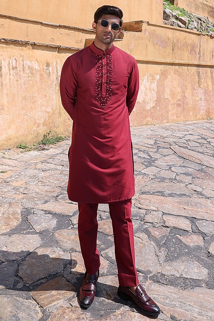 Peach Pure Silk & Katan Silk Groom Indowestern Set by Abkasa at Pernia's Pop Up Shop