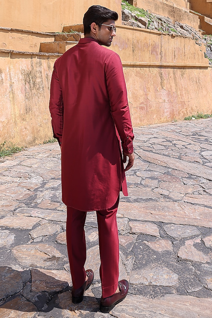 Peach Pure Silk & Katan Silk Groom Indowestern Set by Abkasa at Pernia's Pop Up Shop