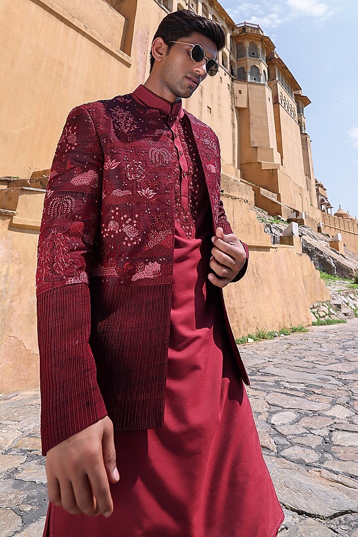 Peach Pure Silk & Katan Silk Groom Indowestern Set by Abkasa at Pernia's Pop Up Shop
