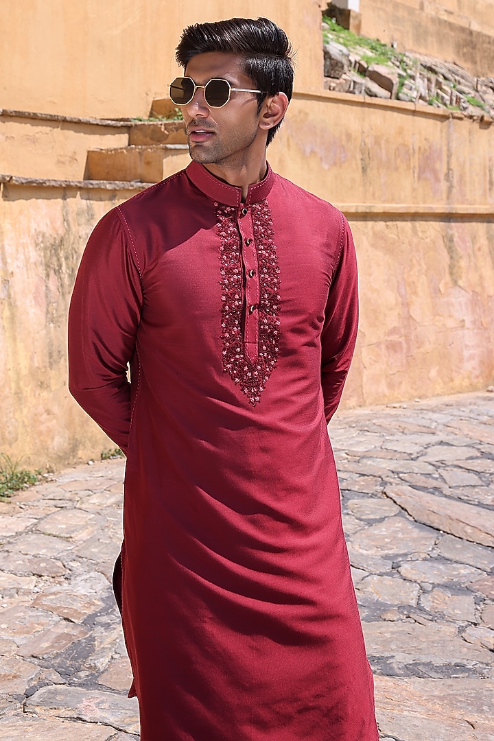 Peach Pure Silk & Katan Silk Groom Indowestern Set by Abkasa at Pernia's Pop Up Shop