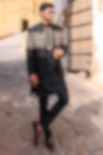 Black Pure Silk & Katan Silk Groom Indowestern Set by Abkasa at Pernia's Pop Up Shop