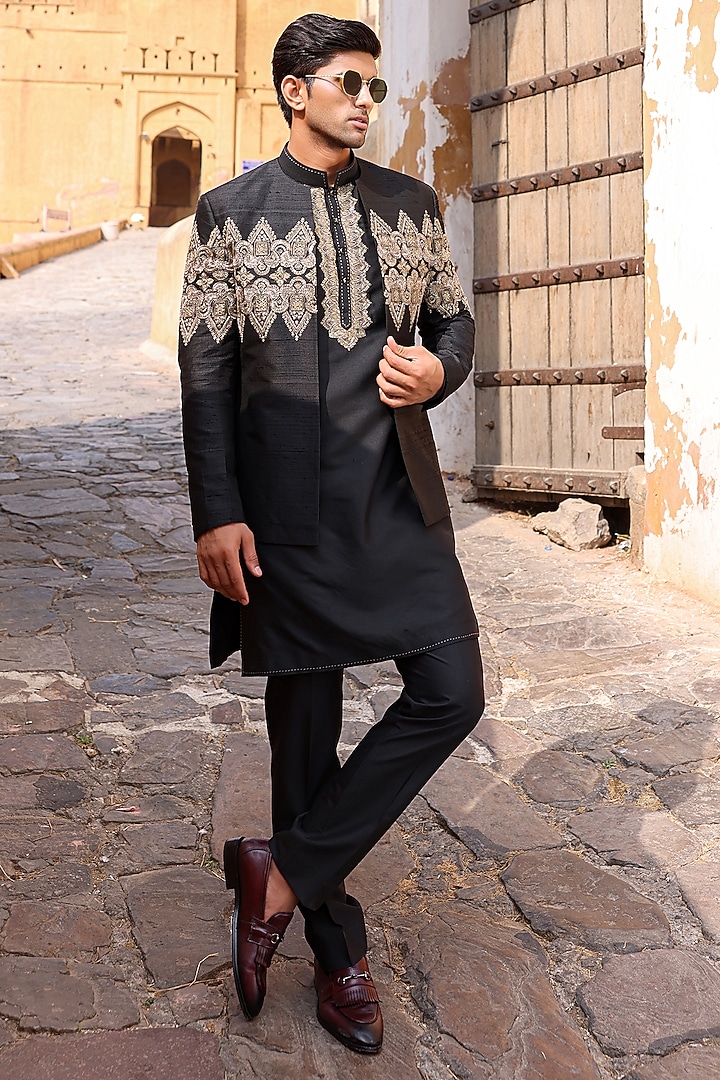 Black Pure Silk & Katan Silk Groom Indowestern Set by Abkasa at Pernia's Pop Up Shop