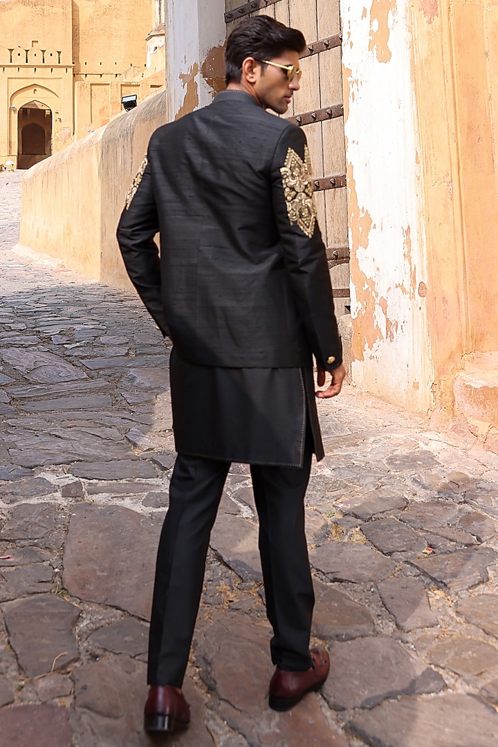 Black Pure Silk & Katan Silk Groom Indowestern Set by Abkasa at Pernia's Pop Up Shop