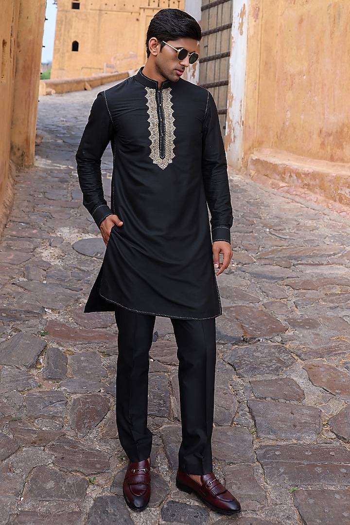 Black Pure Silk & Katan Silk Groom Indowestern Set by Abkasa at Pernia's Pop Up Shop