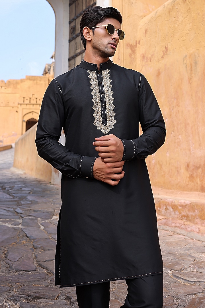 Black Pure Silk & Katan Silk Groom Indowestern Set by Abkasa at Pernia's Pop Up Shop