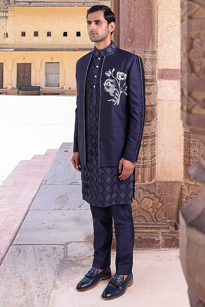 Navy Blue Dupion & Katan Silk Indowestern Set by Abkasa at Pernia's Pop Up Shop