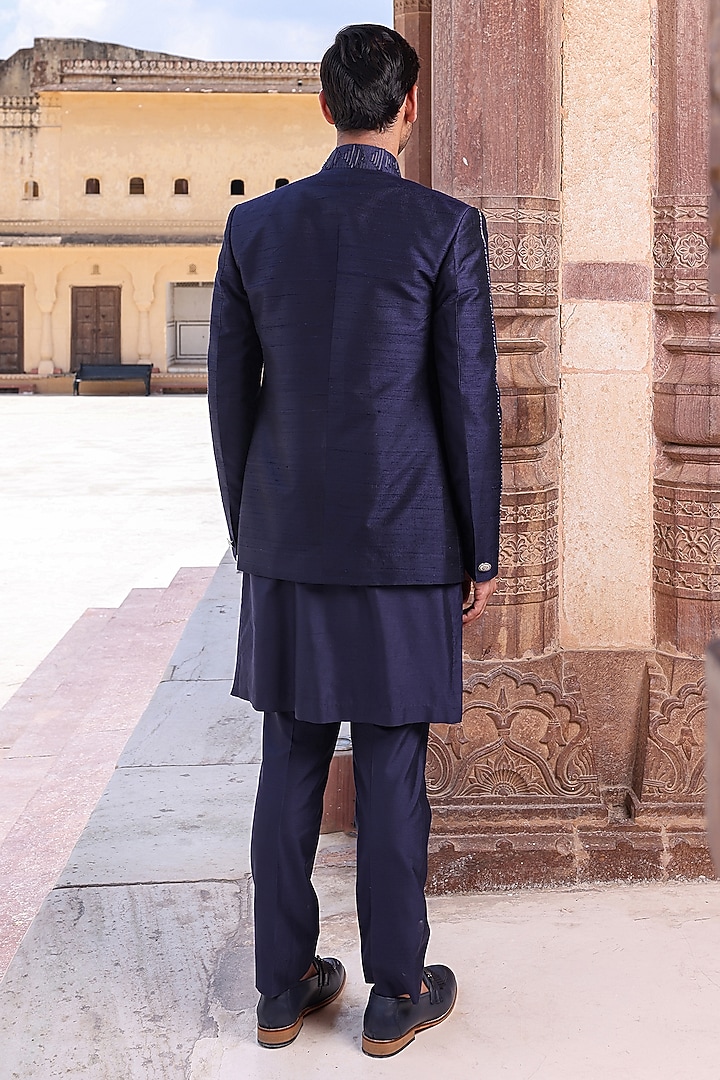 Navy Blue Dupion & Katan Silk Wedding Indowestern Set by Abkasa at Pernia's Pop Up Shop