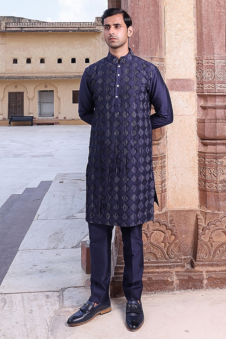 Navy Blue Dupion & Katan Silk Wedding Indowestern Set by Abkasa at Pernia's Pop Up Shop